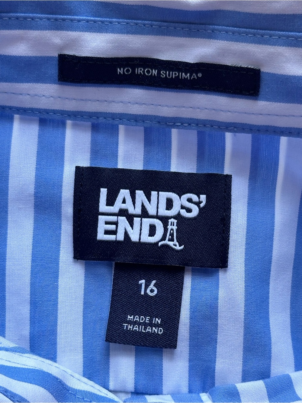 Lands’ End No Iron Supima Cotton Blue & White Striped Button-Up Shirt Size 16 - Picture 3 of 11